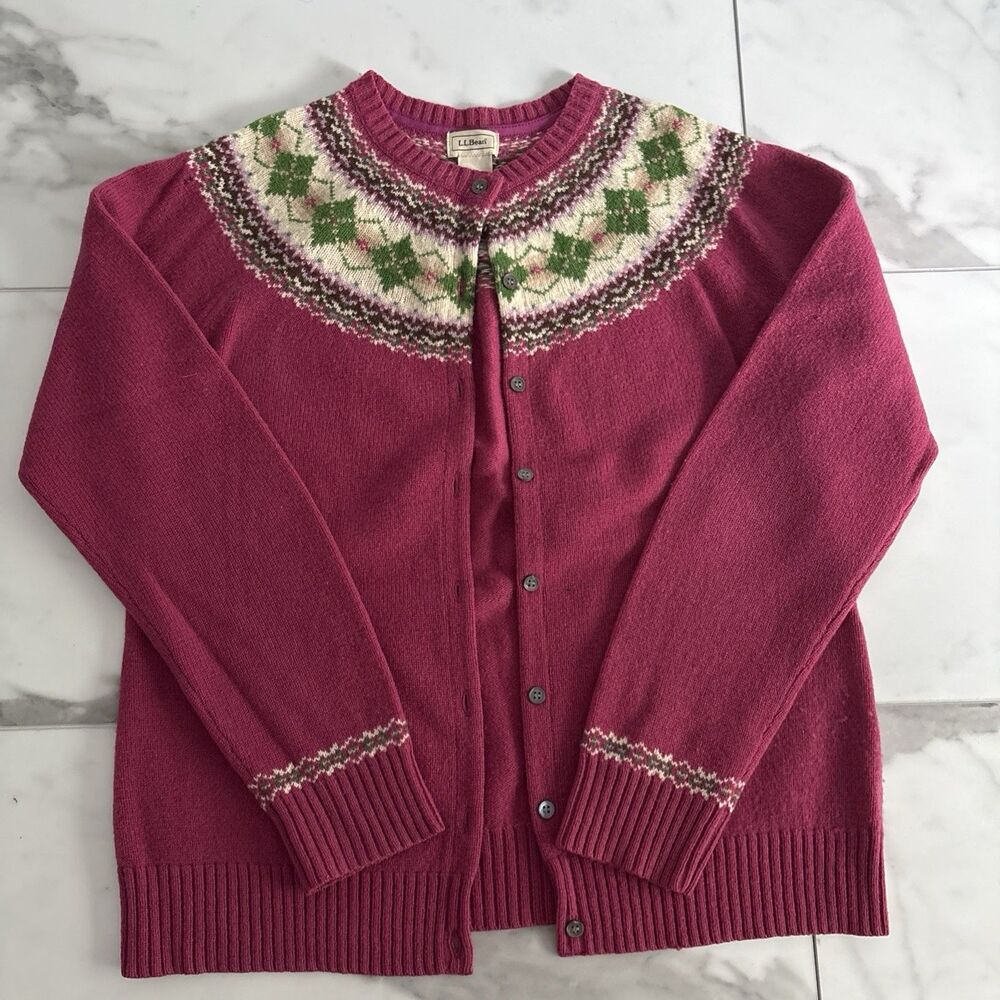LL Bean 100% Lambswool Fair Isle Yoke Cardigan Sweater Women Large Magenta Pink